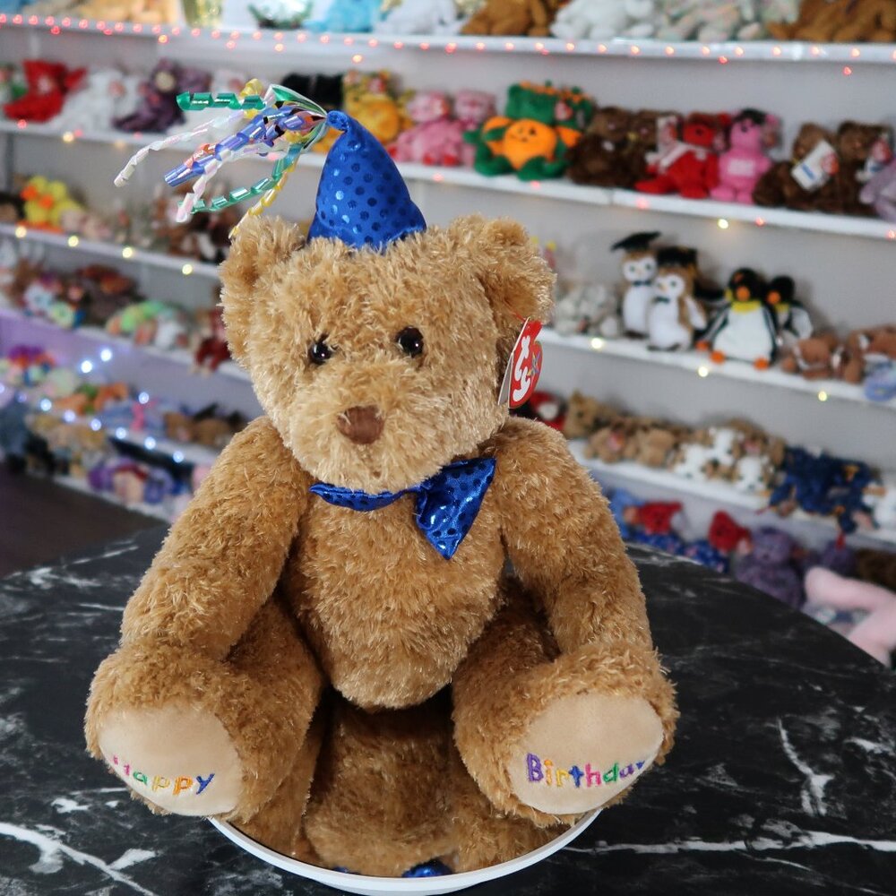 TY Beanie Buddy - Happy Birthday Teddy Bear (Blue Hat & Tie) | MWMT Mint Tags